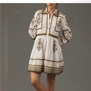 Maeve Anthropologie white and green mini Dress with Embroidery small Bohemian